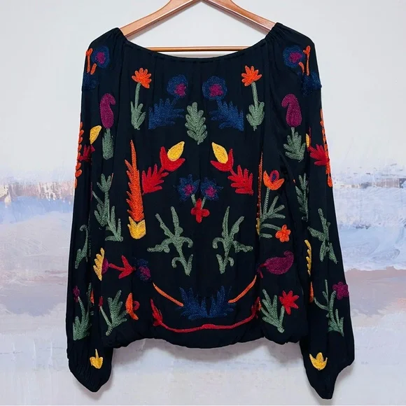 LAURIE FELT Black Peasant Blouse with Multicolor Floral Embroidery - Picture 2 of 16